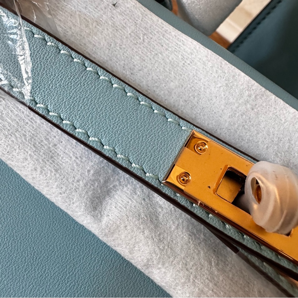 LEATHER INSIDE & OUT | Aqua Sky Mini 22 Sellier Belted KL Top Handle w/ Gold S17 - Picture 3 of 14